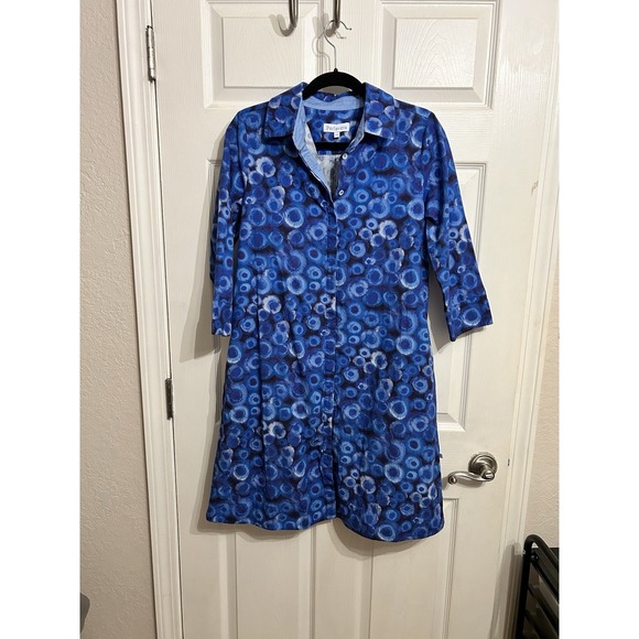 Perlavera XS Dress Blue Pattern Button Up Collar Cotton Preppy Comfort Chic - Picture 2 of 9